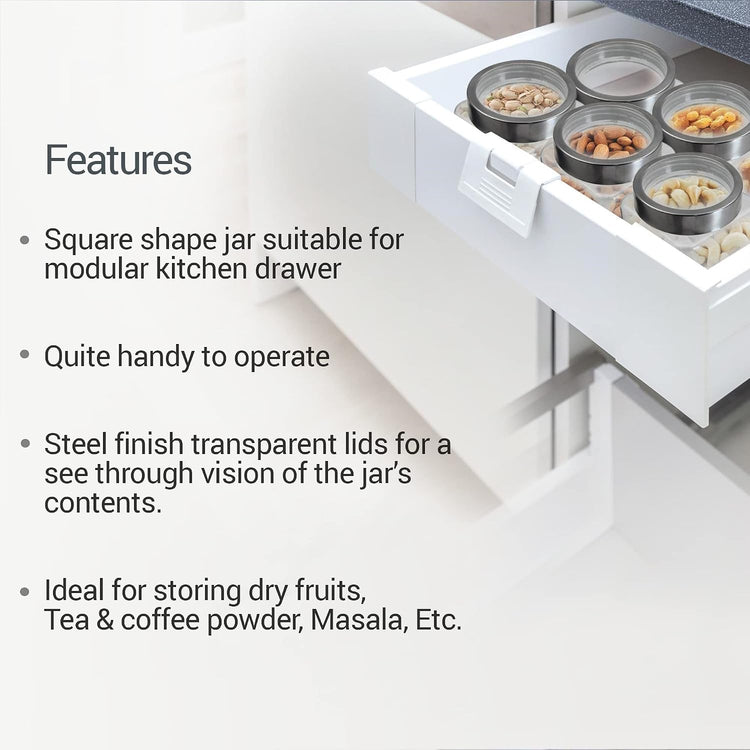 Treo by Milton Cube Storage Containers, Set of 2, Glass Jar with Air Tight Steel Lid, 580 ml each, Transparent Jars for Snacks, Pulses, Masala, Pickles, Cereals, Cookies, Dry Food