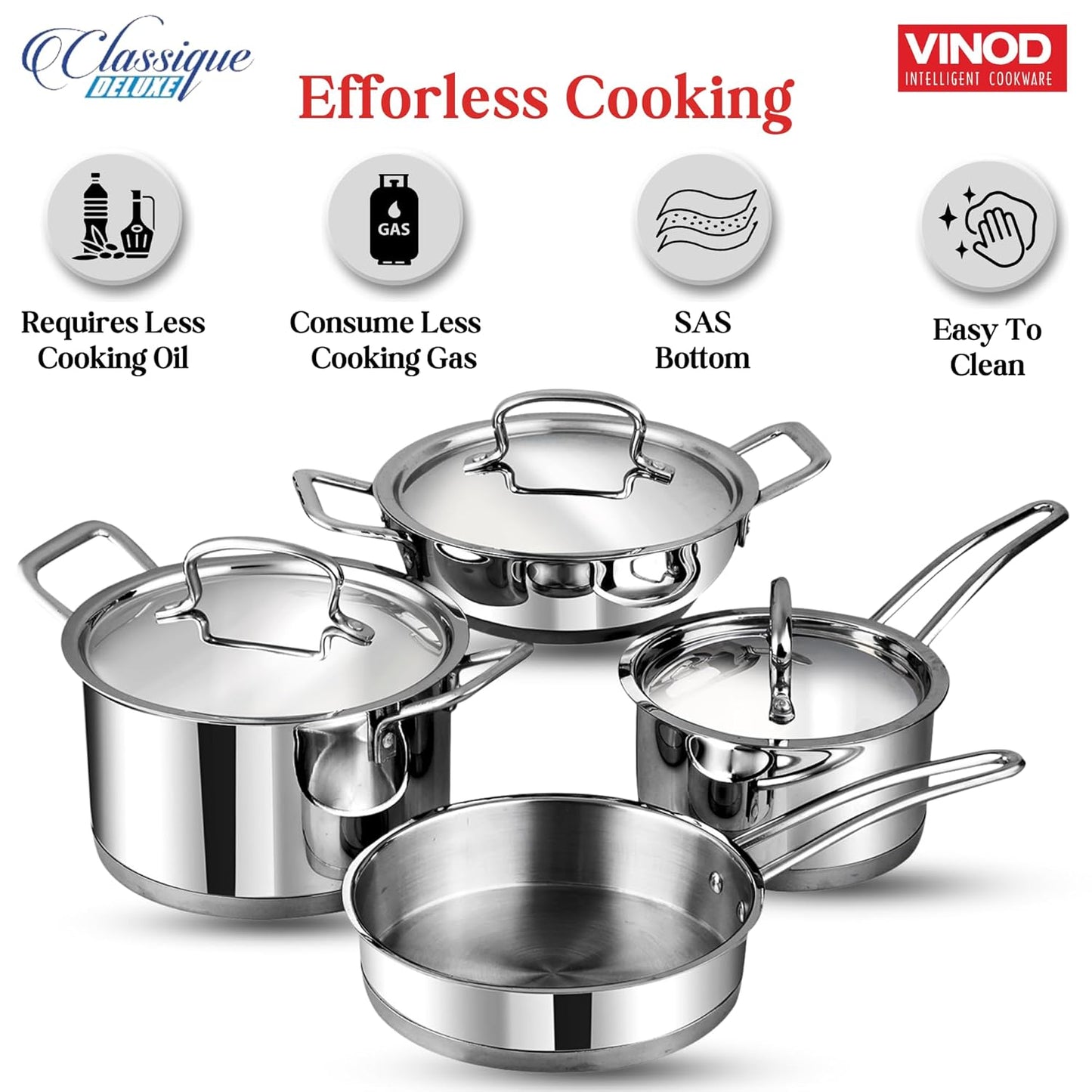 Vinod Classique Deluxe Stainless Steel Cookware Set of 4 pcs/Saucepan, Saucepot, Kadai and Frypan/Steel Utensils Cooking Set for Kitchen, Heavy Induction Bottom - 2 Year Warranty