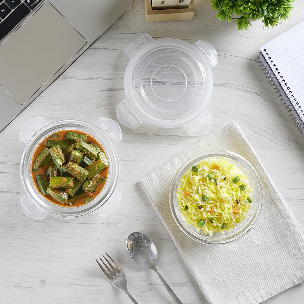 Borosil Klip n Store Lunchbox with Bag | Set of 2 (400ml Each) | Borosilicate Glass, Round, Vertical | Microwave & Dishwasher Safe, Leak Proof | Tiffin for Office, School, College