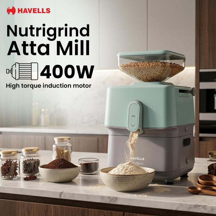 Havells Nutri Grind Atta Mill| 400W High Torque Induction Motor | 1400 RPM Slow Speed Grinding | Quality Coarse Stones | 2 Yr Manufacturer Warranty| Grey & Pista Green