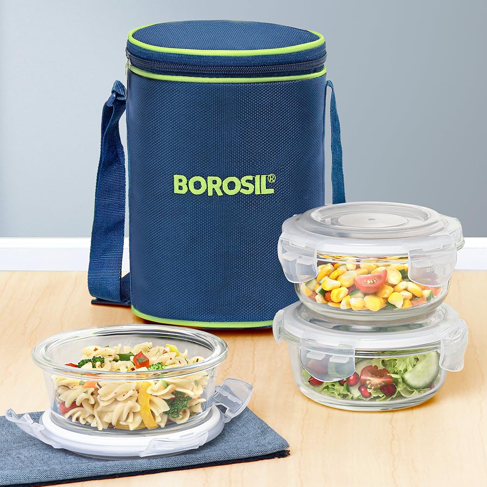 Borosil Klip n Store Lunchbox with Bag | 3pc Round Container Set (400 ml Each) | Made in India Borosilicate Glass | Microwave & Dishwasher Safe | Tiffin for Office, School, College | Vertical