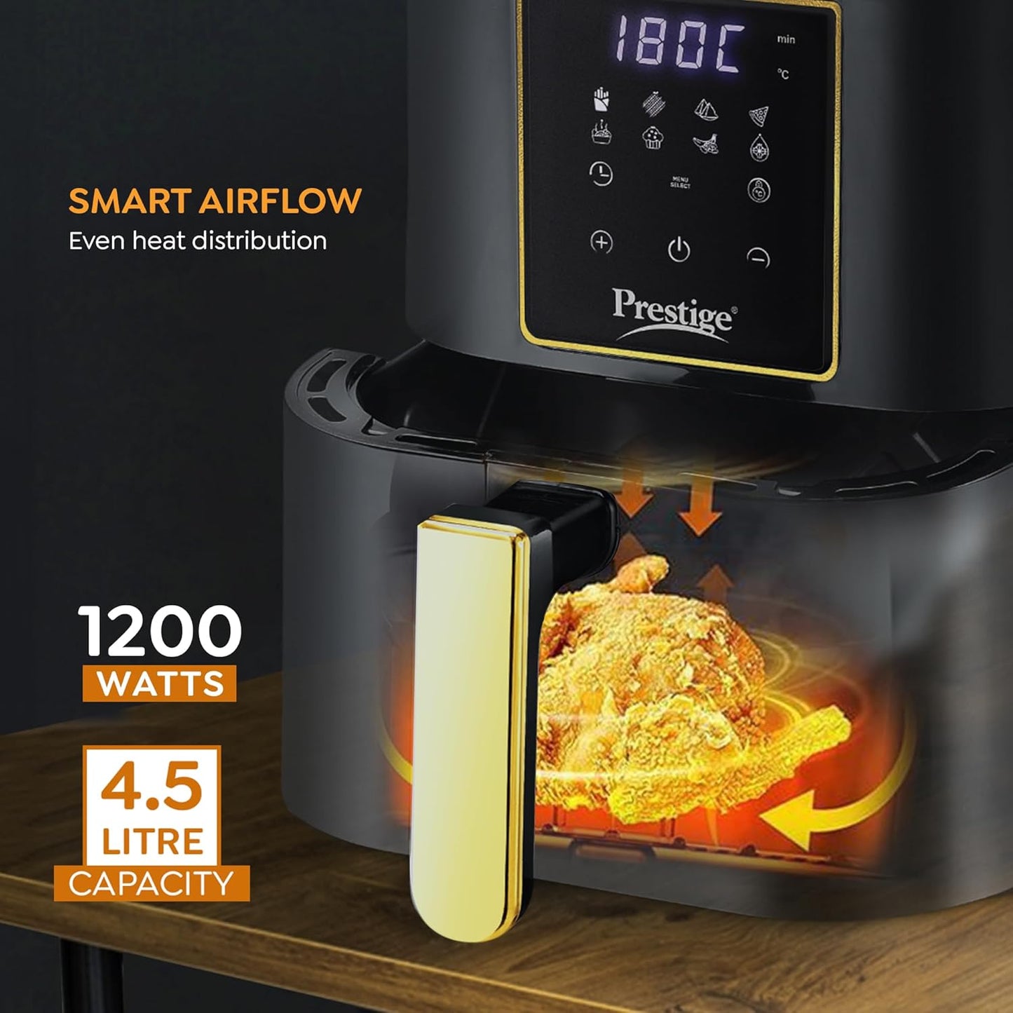 Prestige Nutrifry Electric Digital Air Fryer| 80% less Oil Consumption|4.5L Capacity |1200 Watts Power|Fry,Grill,Roast,Bake,Reheat|Digital Display with 8 Preset Menu|Easy to Clean Frying Basket|Black