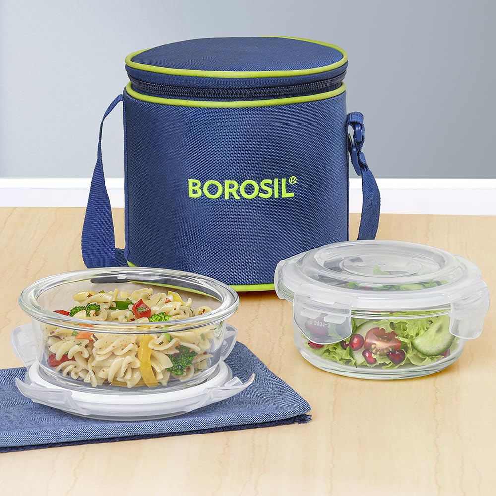 Borosil Klip n Store Lunchbox with Bag | Set of 2 (400ml Each) | Borosilicate Glass, Round, Vertical | Microwave & Dishwasher Safe, Leak Proof | Tiffin for Office, School, College