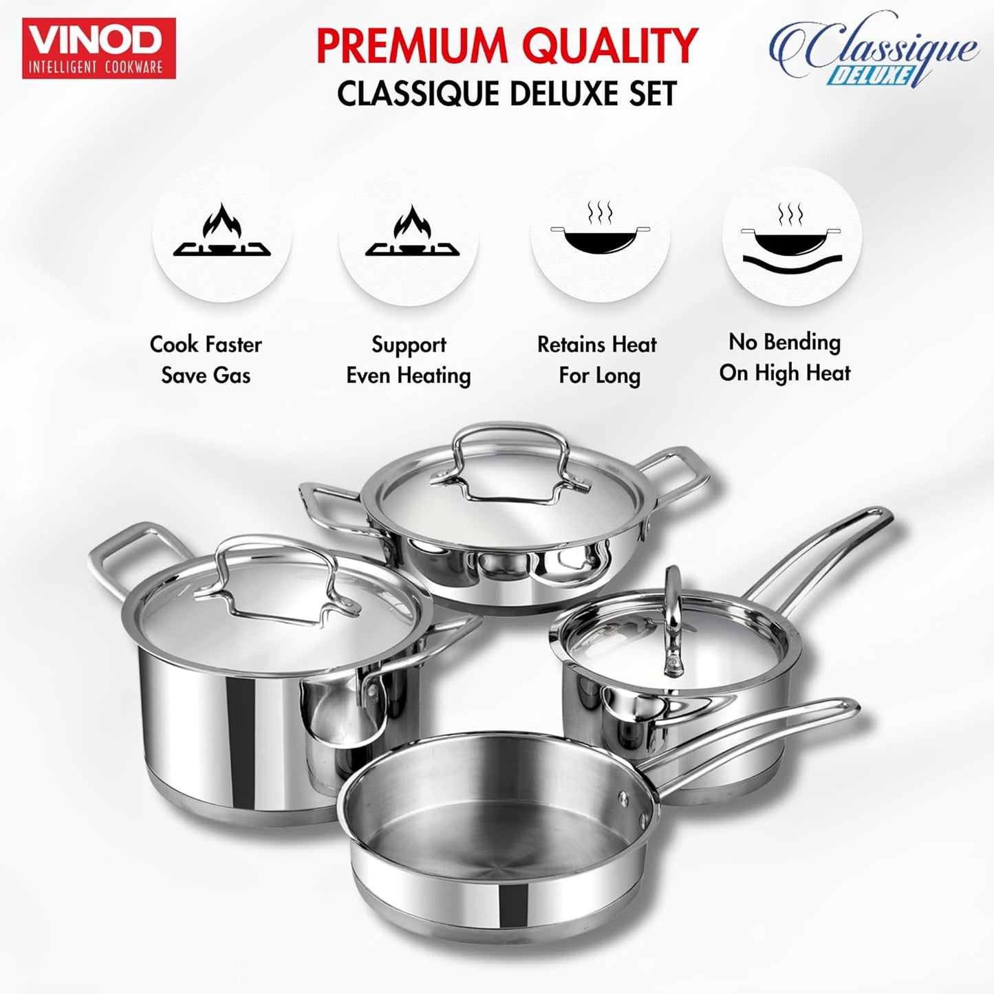 Vinod Classique Deluxe Stainless Steel Cookware Set of 4 pcs/Saucepan, Saucepot, Kadai and Frypan/Steel Utensils Cooking Set for Kitchen, Heavy Induction Bottom - 2 Year Warranty