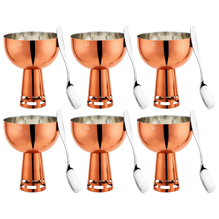 FNS Basil Stainless Steel Bowls Set with 6 Bowls and 6 Spoons for Ice Cream/Pudding/Dessert | Fancy Serving Bowls for Snacks (Rose Gold)