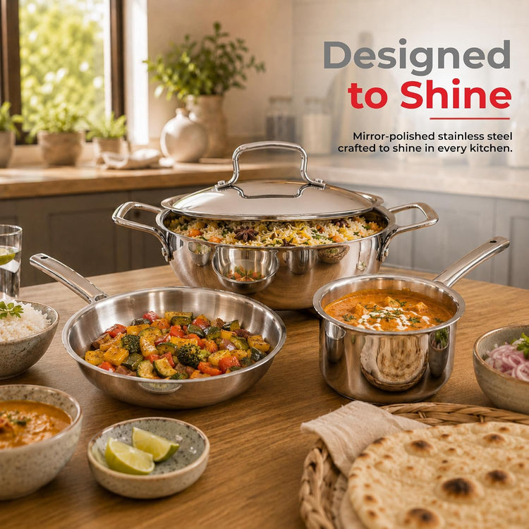 Vinod Grandior Triply Stainless Steel Cookware Set 4 Pcs - 22cm (2.3 L) Kadai, 22cm (1.5 L) Frypan, 14cm (1.2 L) Saucepan | 304 Food-Grade, 2.5mm Thick, Toxin-Free, Even Heating, Induction & Gas