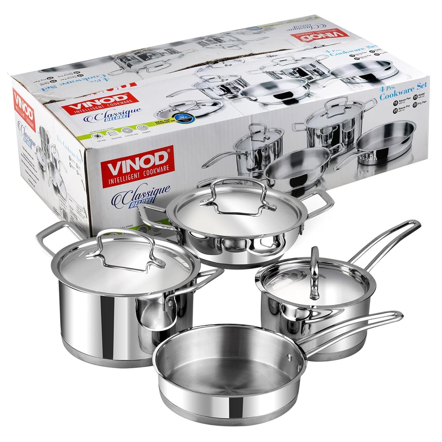 Vinod Classique Deluxe Stainless Steel Cookware Set of 4 pcs/Saucepan, Saucepot, Kadai and Frypan/Steel Utensils Cooking Set for Kitchen, Heavy Induction Bottom - 2 Year Warranty