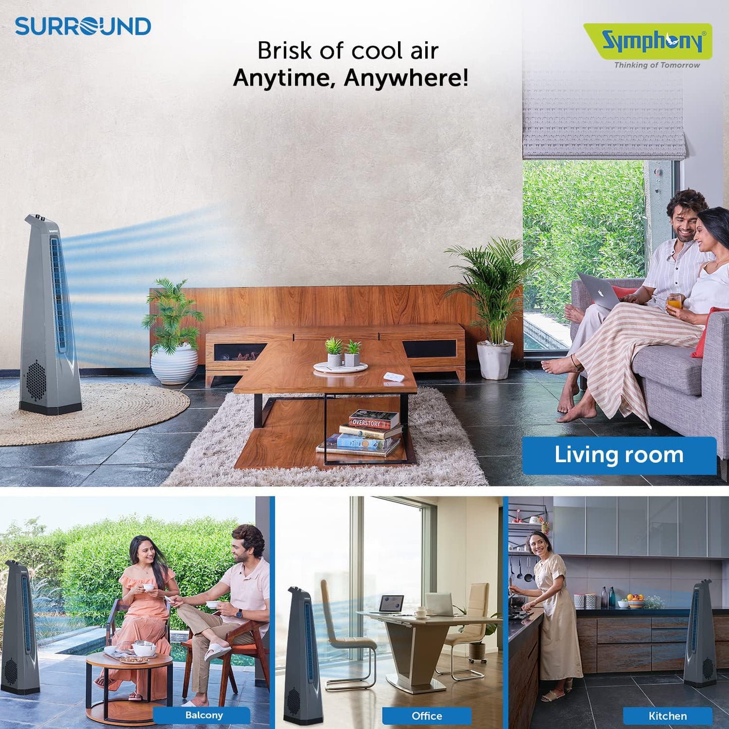 Symphony Surround High Speed Bladeless Technology Tower Fan for Home With Swivel Action, Dust Filter, and Low Power Consumption (Grey)