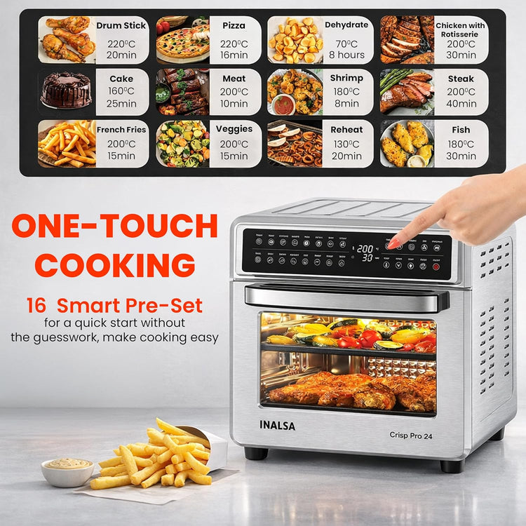 INALSA Crisp Pro 24 Air Fryer Oven 24 Litre 1700W|Digital Display|16 Preset Functions|Rotisserie,OTG,Convection Oven|220°C Max Temp|Oil-Free Cooking|With Crumb Tray, Skewer Rods & More|2 Yr Warranty