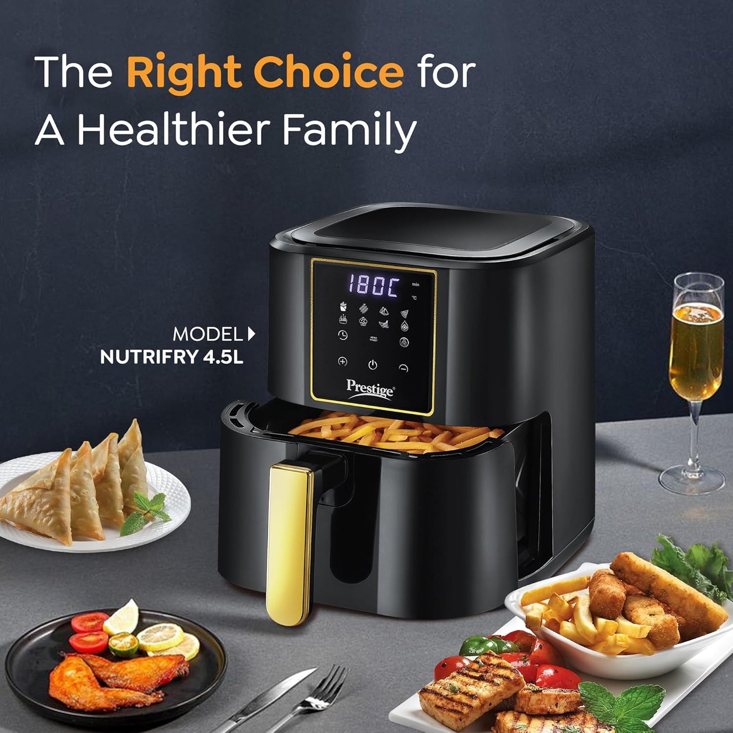 Prestige Nutrifry Electric Digital Air Fryer| 80% less Oil Consumption|4.5L Capacity |1200 Watts Power|Fry,Grill,Roast,Bake,Reheat|Digital Display with 8 Preset Menu|Easy to Clean Frying Basket|Black