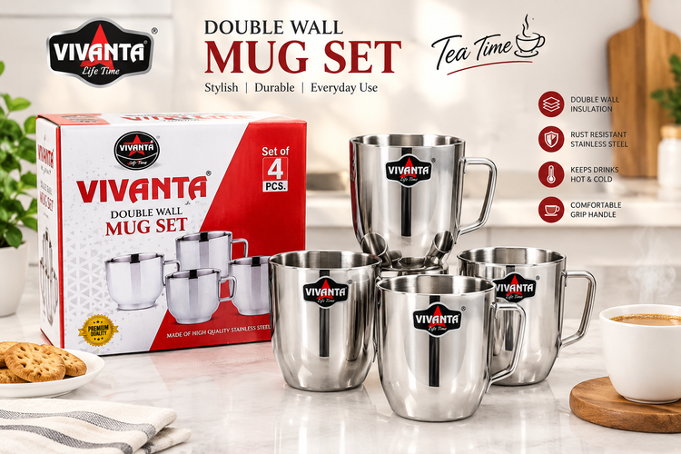 **VIVANTA Double Wall Stainless Steel Mug Set of 4 | Premium Insulated Tea & Coffee Cups | Rust-Resistant Steel Mugs with Comfortable Handles | Hot & Cold Beverage Cups**