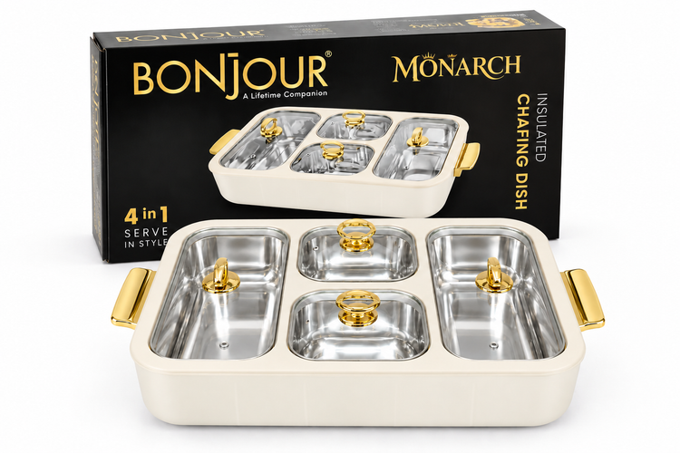 Bonjour Monarch Insulated Stainless Steel Chafing Dish with 2.5L Corner Containers & 1.5L Centre Containers, Glass Lids and Gold Finish Handles-Cream