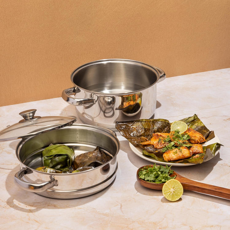 Vinod 2 Tier Stainless Steel Idli Steamer for Kitchen with Glass Lid - 18 cm | 2.5 mm Thick Base | Modak, Momo, Idiyappam, Vegetable, Puttu Maker and Steamer| Induction Base - 2 Year Warranty | Small