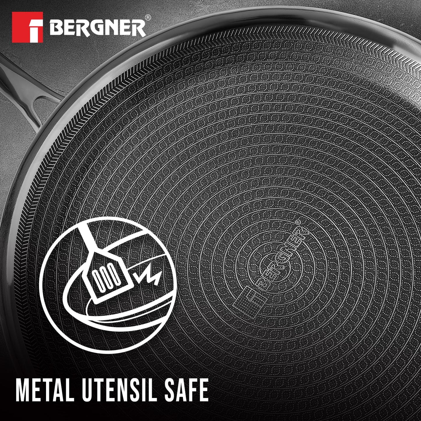 BERGNER Hi-Tech Giro Triply Stainless Steel 28cm Dosa Tawa, Honeycomb Mesh Non-Stick Coating, PFOA Free, Even Heat Distribution, Sturdy and Durable Stay Cool Handle - Induction and Gas Stove Ready