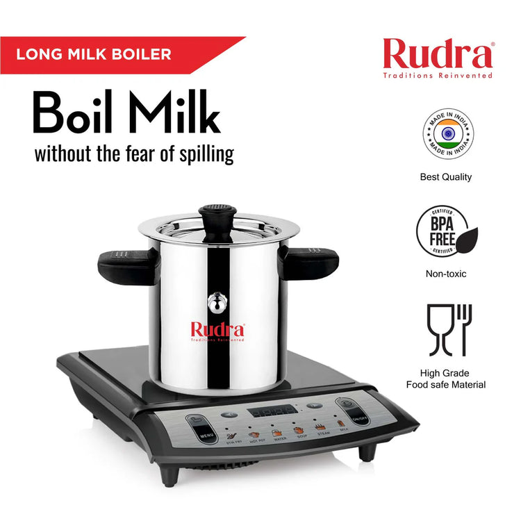 Rudra Stainless Steel Milk Boiler 2 Litre | Premium Induction & Gas Compatible Milk Heating Pot with Whistle Alert | Heavy Gauge Stainless Steel Milk Boiler for Home Kitchen