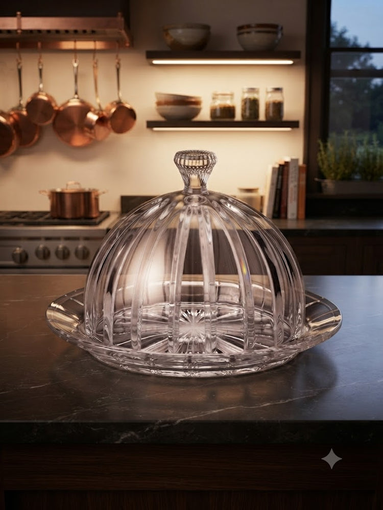 Royal Cut-Crystal Cloche & Serving Dome with Tray | Decorative Glass Dessert Stand, Butter Dish, & Mithai Cover for Dining Table, Kitchen, & Festive Gifting (Clear)