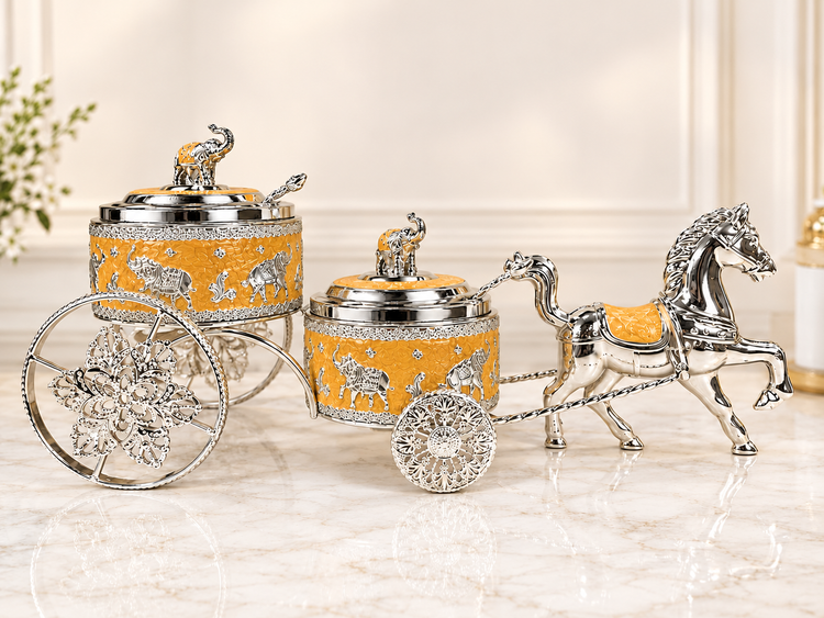 Royal Horse Carriage Dry Fruit Box Set with 2 Silver-Coated Spoons | Luxury Decorative Dry Fruit Serving Set | Premium Gift Box for Diwali, Wedding & Festive Gifting
