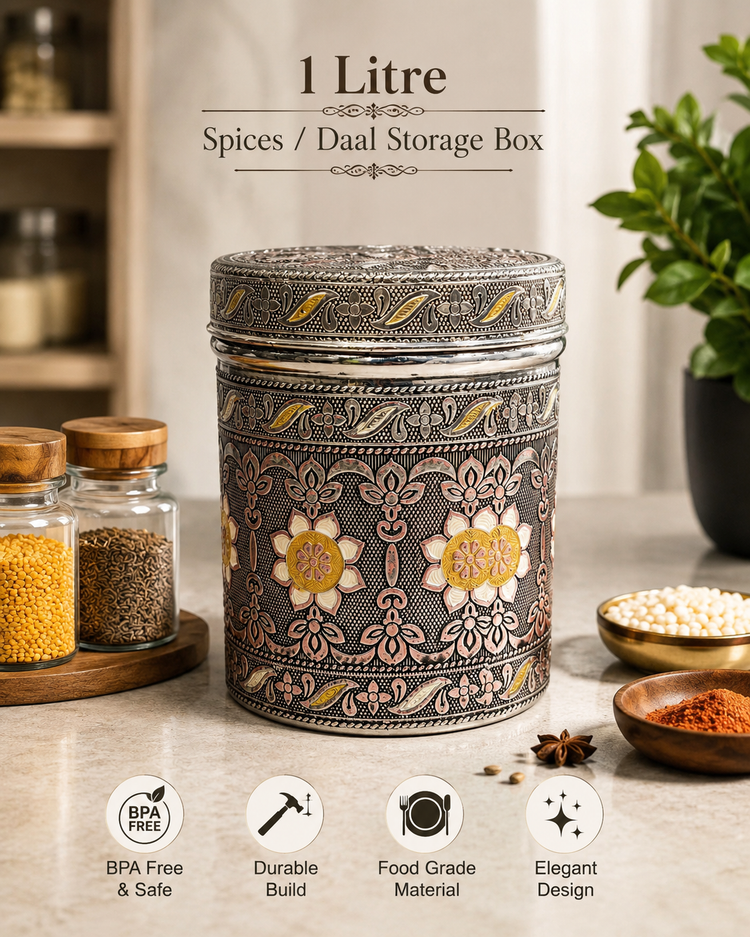 Salem 1 Litre 304 Grade Stainless Steel Storage Jar with Airtight Lid | Handmade Etching Work | Premium Spice, Daal & Dry Fruit Container | Food Grade Kitchen Storage Canister