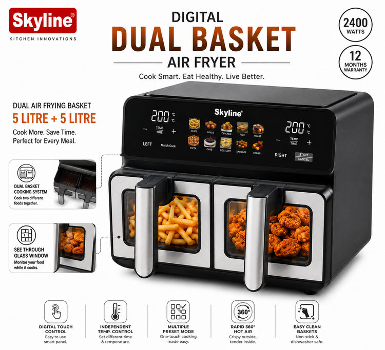 Skyline Digital Dual Basket Air Fryer 10L (5L + 5L) | 2400W | Digital Touch Control | Independent Cooking | See-Through Glass Windows | 80–200°C | 1–60 Min Timer | 1 Year Warranty
