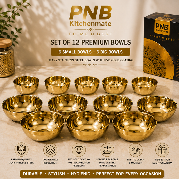 PNB Kitchenmate ZODIAC 72 Pcs Stainless Steel Dinner Set | Heavy Quality Double Wall PVD Gold Coated Dinner Set | Premium Full & Half Plates, Bowls, Glasses, Spoons & Forks | Lifetime Guarantee