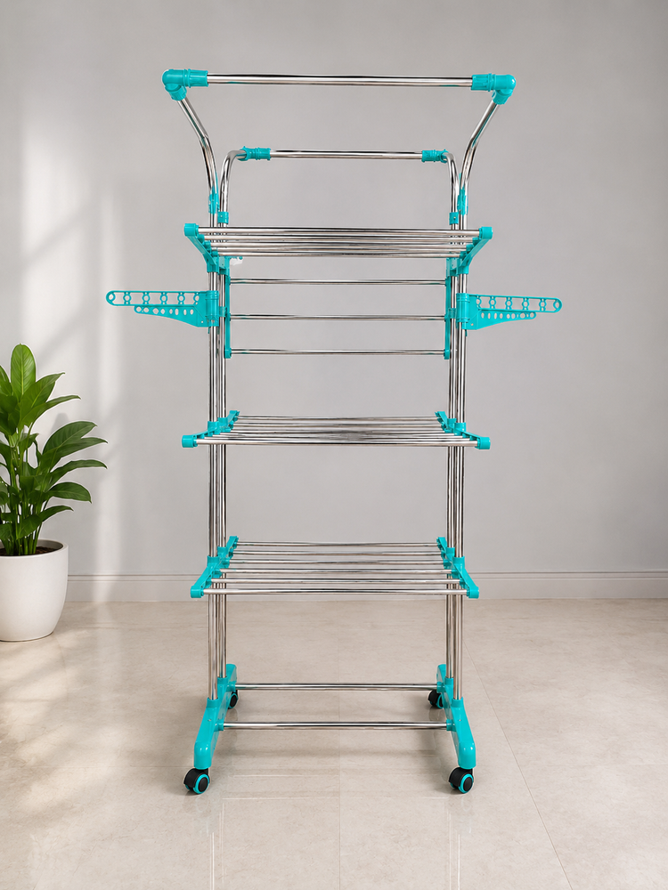 3 Tier Stainless Steel Foldable Clothes Drying Stand with Wheels | Heavy Duty Movable Laundry Drying Rack | 38 Rods, 6 Foldable Wings, 7 Hanger Slots | Indoor & Outdoor Cloth Stand
