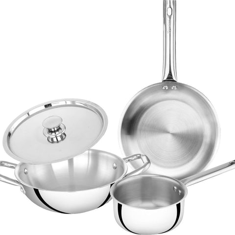 Prestige TRIPLY 4 Pc Cookware Set | TRIPLY Splendid | Fry Pan 22cm/1.9L | Kadai 22cm/2.5L | Sauce Pan 14cm/1.3L | SS Lid 24cm | Gas & Induction Compatible | Even Heat Distribution | 15Y Warranty | ISI