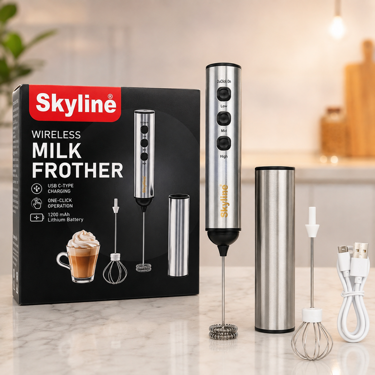 Skyline Wireless Milk Frother with 1200mAh Rechargeable Battery, 3-Speed Control, Stainless Steel Whisk & Cover, Dual Whisk Attachments, USB Type-C Charging, One-Touch Operation