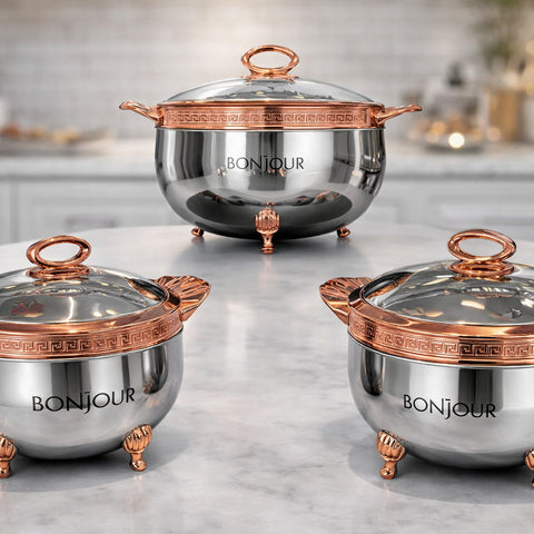 Bonjour Roseate Stainless Steel Casserole Set β 3 Pcs (2000 ml, 2500 ml & 3500 ml) | Copper Finish Hotpot | Premium Insulated Serveware for Kitchen & Dining