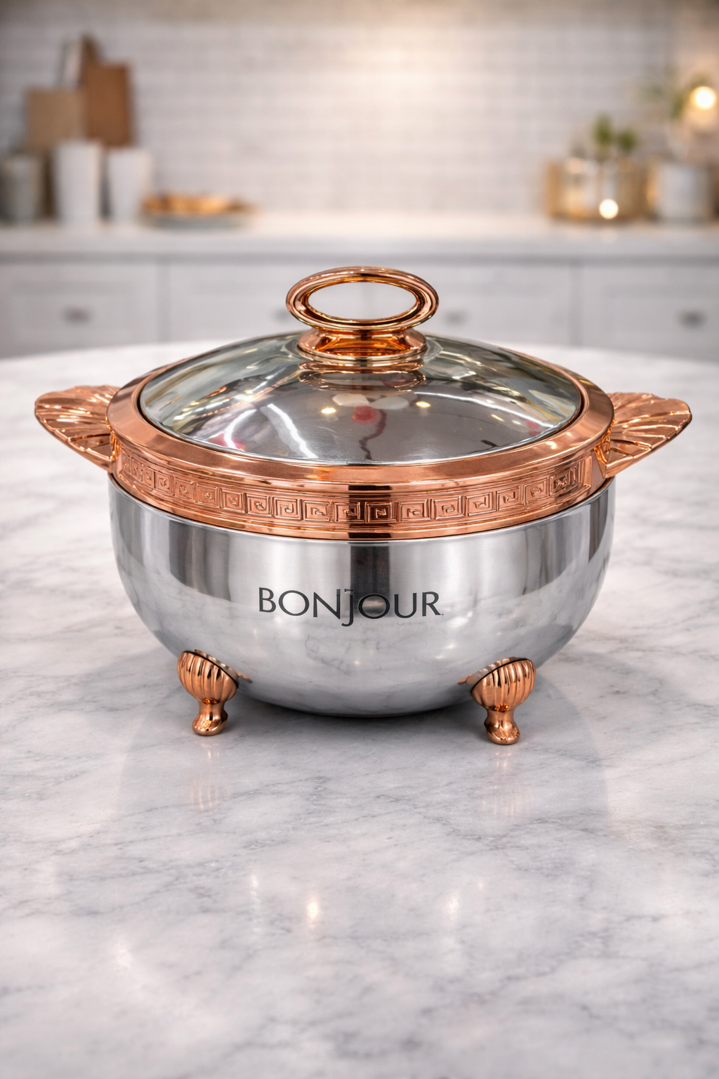 Bonjour Roseate Stainless Steel Casserole Set – 3 Pcs (2000 ml, 2500 ml & 3500 ml) | Copper Finish Hotpot | Premium Insulated Serveware for Kitchen & Dining