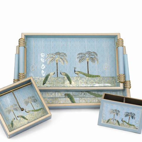 Luxury 4-Piece Wooden Leather Tray Set | Includes Cutlery Holder, Tissue Holder & 2 Trays | Enamel Coated Waterproof