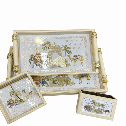 Luxury 4-Piece Wooden Leather Tray Set | Includes Cutlery Holder, Tissue Holder & 2 Trays | Enamel Coated Waterproof