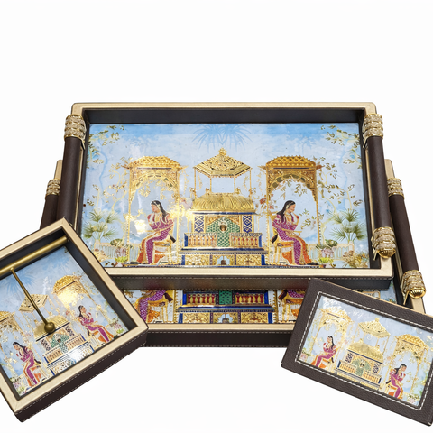 Luxury 4-Piece Wooden Leather Tray Set | Includes Cutlery Holder, Tissue Holder & 2 Trays | Enamel Coated Waterproof