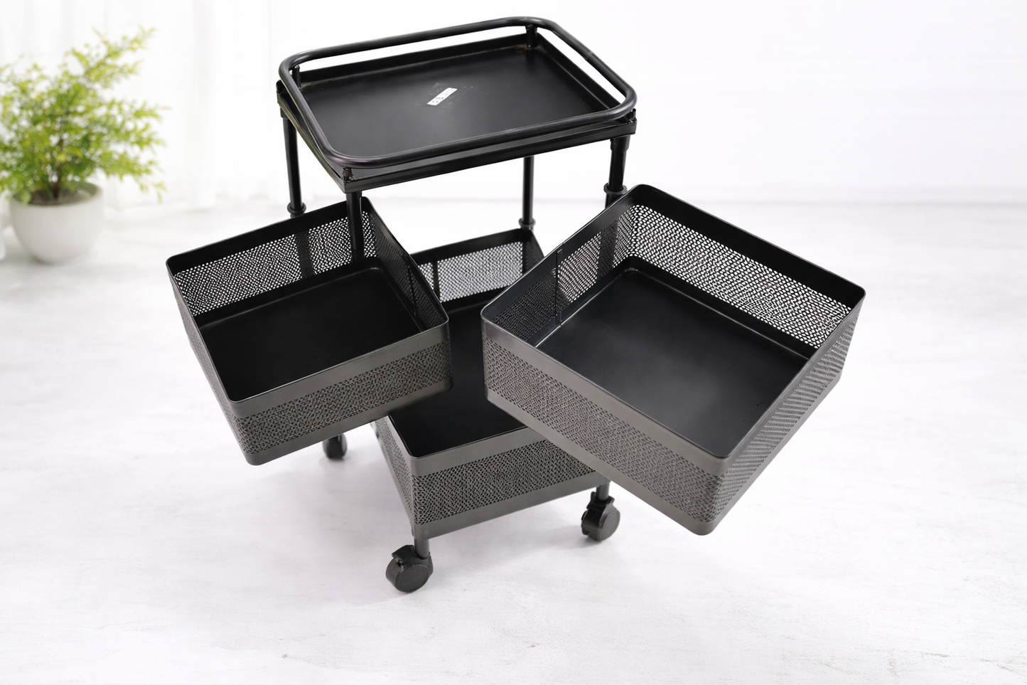 3 Tier Sqaure Metal Vegetable Trolley with Wheels | Multipurpose Kitchen Storage Cart | Heavy-Duty Mesh Basket Organizer (Powder Coated)