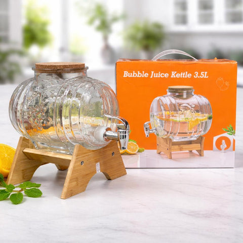 Premium 3.5L Glass Bubble Juice Kettle with Wooden Stand & Tap β Beverage Dispenser for Juice, Water, Mocktails & Parties