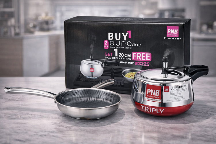 PNB Kitchenmate 2 Litre Triply Pressure Cooker with FREE 20 cm Honeycomb Triply Fry Pan | Stainless Steel Cooker Combo for Gas Stove