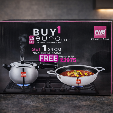 PNB Kitchenmate Euro Duo 5.5 Litre Triply Pressure Cooker with Free 24 cm Honeycomb Triply Kadhai | Stainless Steel Cookware Combo for Gas & Induction