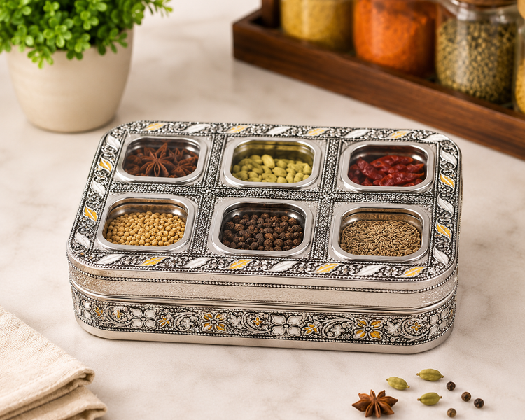 Premium Stainless Steel Masala Box with Handmade Etching Work | 6 Steel Spice Containers & 1 Brass Spoon | Traditional Indian Spice Organizer | Multipurpose Kitchen Masala Dabba