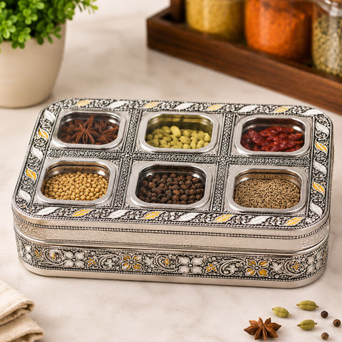 Premium Stainless Steel Masala Box with Handmade Etching Work | 6 Steel Spice Containers & 1 Brass Spoon | Traditional Indian Spice Organizer | Multipurpose Kitchen Masala Dabba