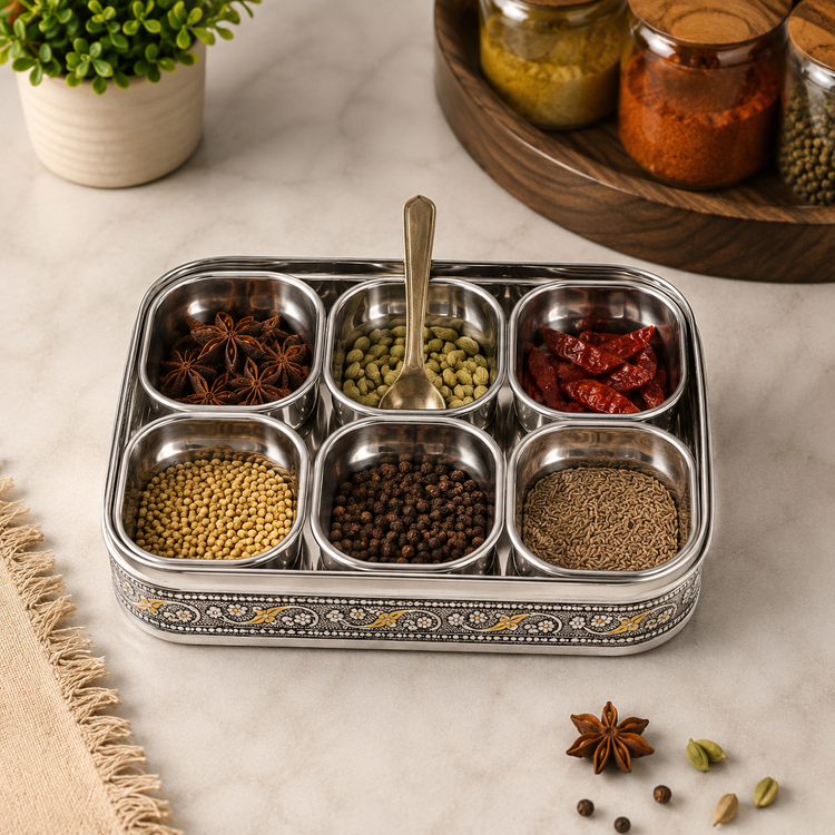 Premium Stainless Steel Masala Box with Handmade Etching Work | 6 Steel Spice Containers & 1 Brass Spoon | Traditional Indian Spice Organizer | Multipurpose Kitchen Masala Dabba