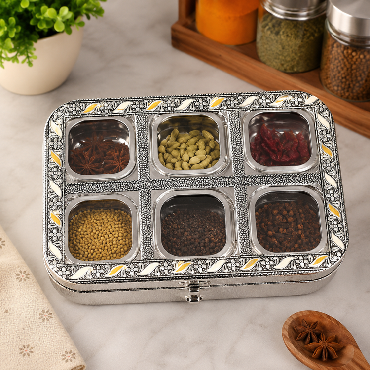 Premium Stainless Steel Masala Box with Handmade Etching Work | 6 Steel Spice Containers & 1 Brass Spoon | Traditional Indian Spice Organizer | Multipurpose Kitchen Masala Dabba