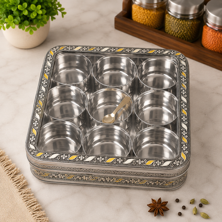 Premium Stainless Steel Handmade Etched Masala Box with Glass Lid | 9 Steel Containers & Brass Spoon | Traditional Spice Storage Box | Large Kitchen Masala Dabba