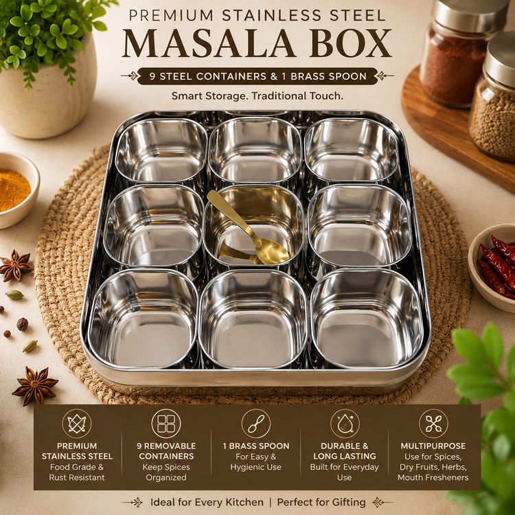 Premium Stainless Steel Masala Box with 9 Steel Containers & Brass Spoon | Food Grade Spice Storage Box | Multipurpose Kitchen Masala Dabba | Rust Resistant Spice Organizer