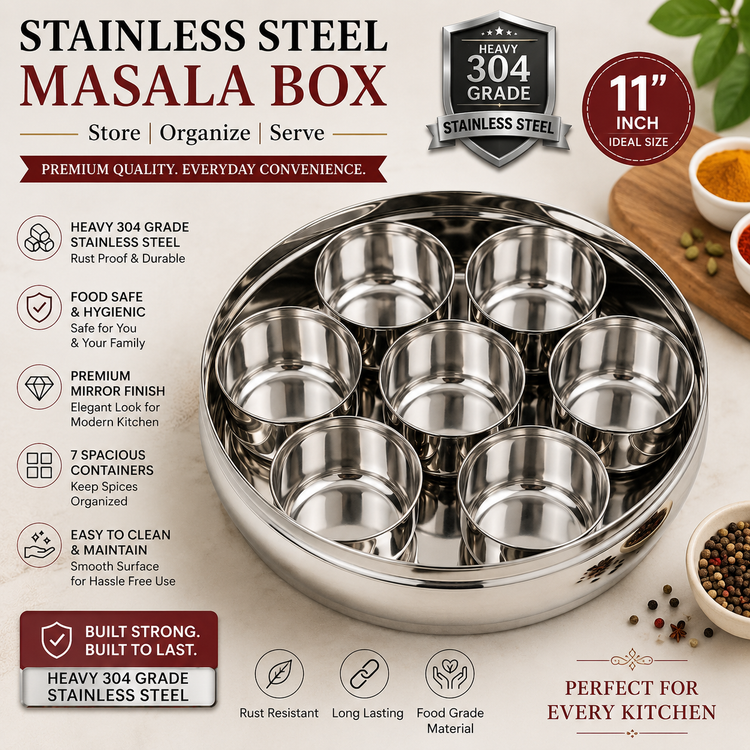 13 Inch Heavy 304 Grade Stainless Steel Round Masala Box | 7 Spice Containers | Food Grade Spice Storage Organizer | Premium Kitchen Masala Dabba | Rust Resistant