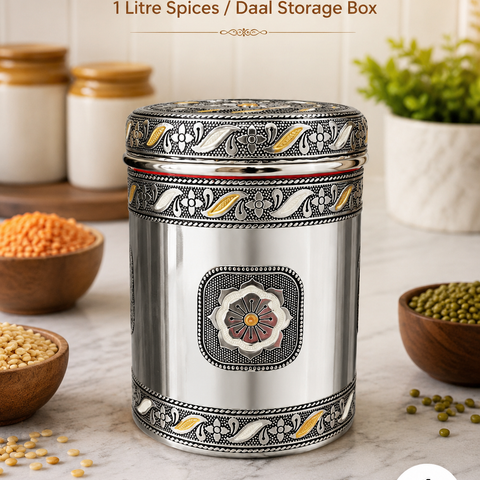 Salem 1 Litre 304 Grade Stainless Steel Storage Jar with Airtight Lid | Handmade Etching Work | Premium Spice, Daal & Dry Fruit Container | Food Grade Kitchen Storage Canister