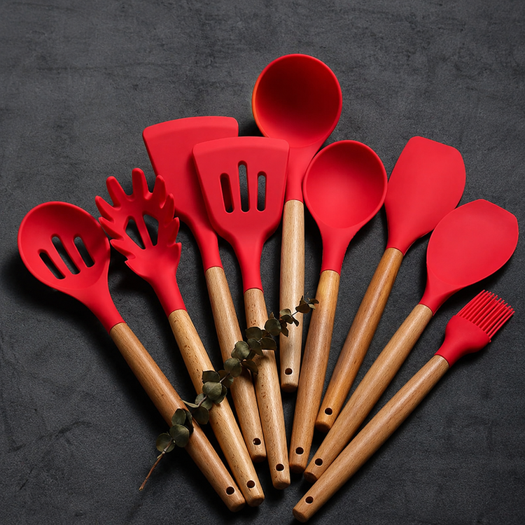 12 Pcs Silicone Kitchen Tool Set with Wooden Handles | Non Stick Cookware Safe Cooking Utensils with Storage Holder | Kitchen Accessories Set for Cooking & Baking (Red)