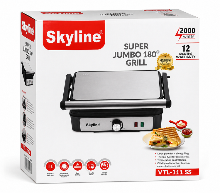 Skyline 2000W Super Jumbo 180° Grill VTL-111SS - Perfect for Family-Sized Grilling!