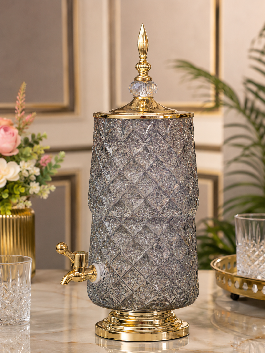 Luxury 3.5 Ltr Ribbed Glass Beverage Dispenser with Gold Finish Tap & Lid | Premium Cocktail, Juice & Water Server for Home, Parties & Events (Copy)