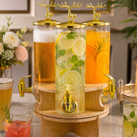 Luxury 3-Jar Rotating Beverage Dispenser 5.5 Litres with Gold Deer Lid Handles & Wooden Rotating Stand | Juice, Mocktail, Beer & Cocktail Server for Parties