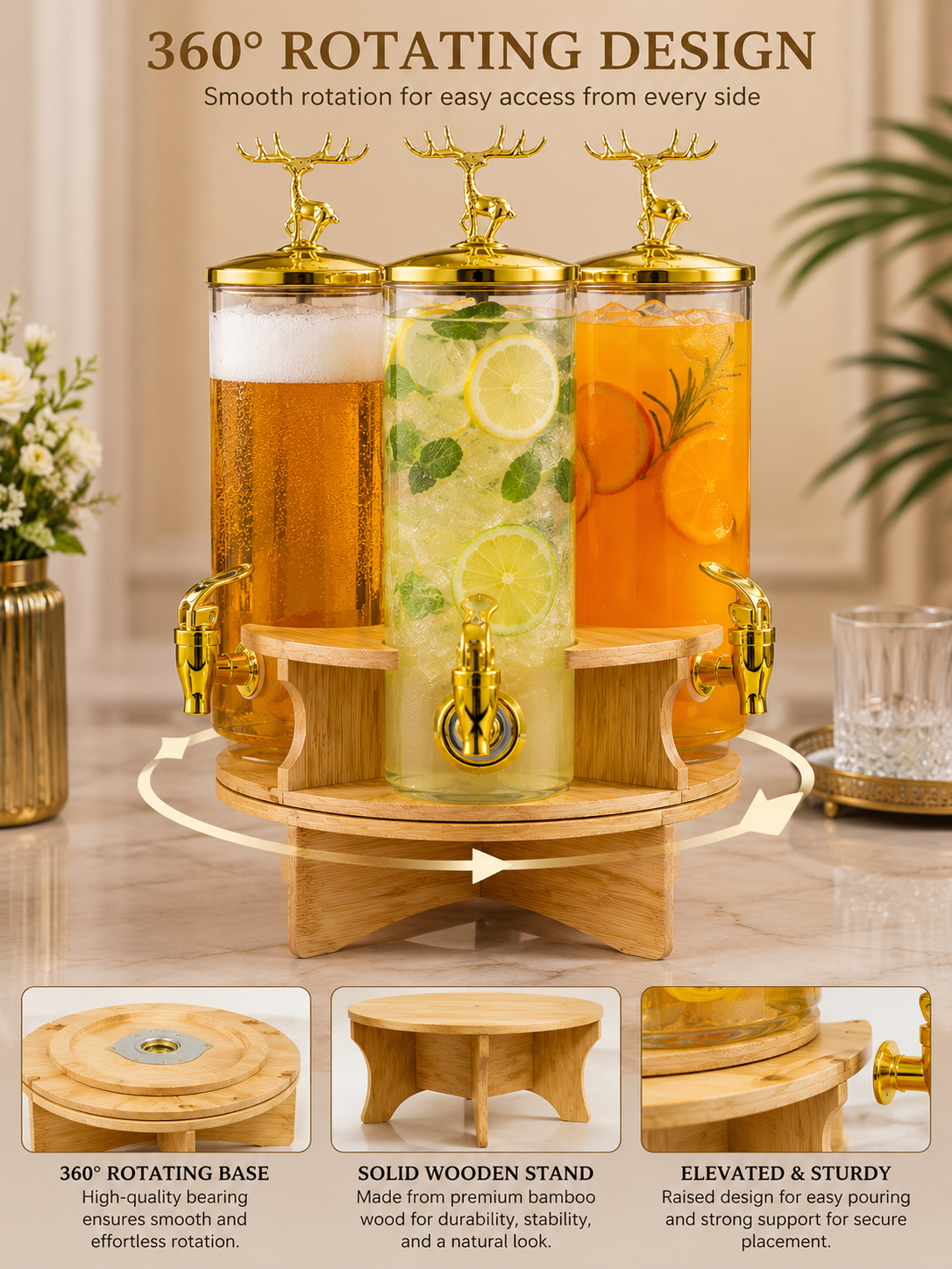 Luxury 3-Jar Rotating Beverage Dispenser 5.5 Litres with Gold Deer Lid Handles & Wooden Rotating Stand | Juice, Mocktail, Beer & Cocktail Server for Parties