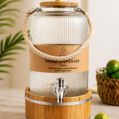 5 Litre Glass Beverage Dispenser with Bamboo Lid & Wooden Stand | Premium Ribbed Glass Water Dispenser Jar with Tap for Detox Water, Juice, Lemonade & Party Serving